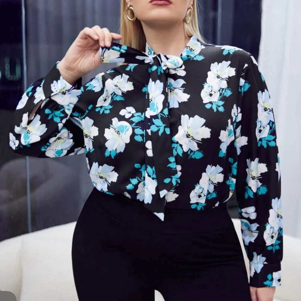 Long Sleeve, Neck Tie, Floral Print Top